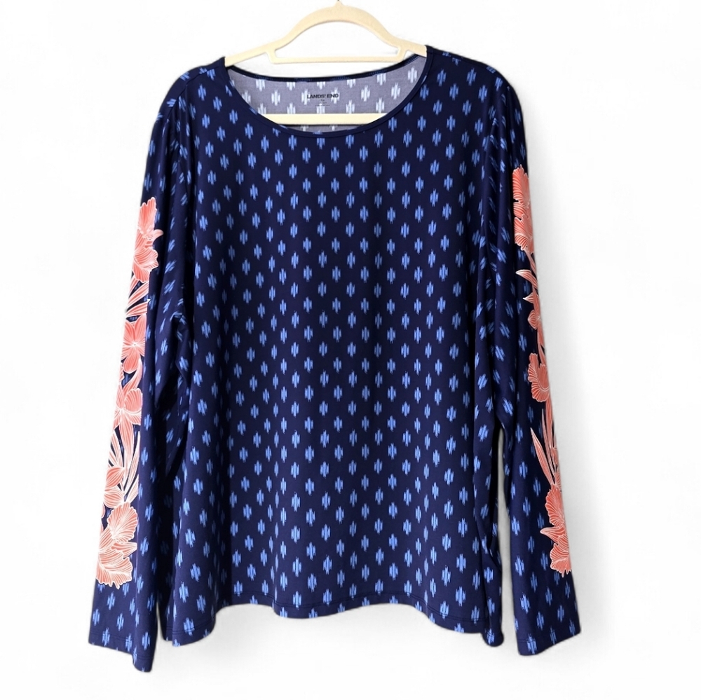 Lands' End blue ikat print athletic swim shirt red flower Sleeves Rash Guard 3X